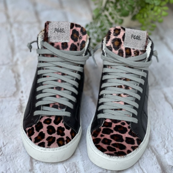 P448 STAR LEATHER HIGH TOP SNEAKER in Pleo Black Leather 35/5 - Picture 10 of 12